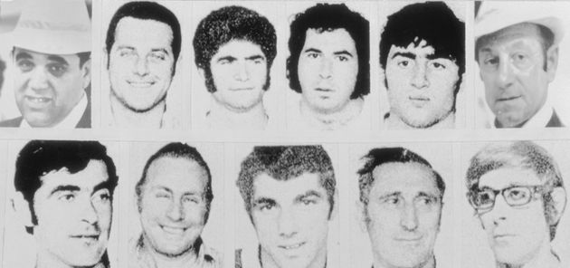 Portraits of the eleven Israeli athletes and coaches slain in West Germany at the 1972 Olympic Games. They are (top left to right): Yosef Gutfreund, 40; Moshe Weinberg, 33: Yoseph Romano, 32; David Berger, 28; Mark Slavin, 18; Yaacov Springer, 52; (bottom left to right): Ze'ev Friedman, 28; Amitsur Shapira, 40; Eliezer Halfin, 24; Kehat Schorr, 53; Andre Spitzer, 27.