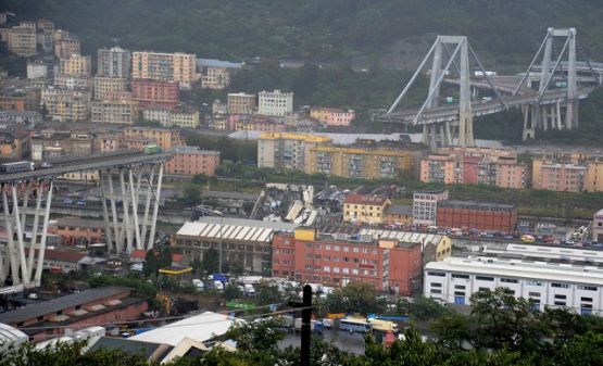 The Morandi Bridge in the Italian port city of Genoa 