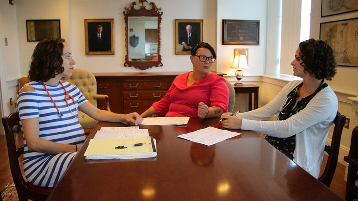 At Boston’s HOPE Clinic for pregnant women with substance use disorders, Medical Director Davida Schiff (left), Recovery Coach Katie Raftery and Clinical Director Jessica Gray discuss treatment plans. A new study shows that women with an opioid addiction are at high risk of an overdose during the year that follows childbirth. 