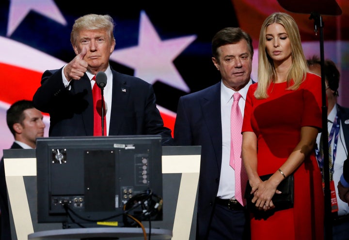 Donald Trump gives a thumbs-up as his daughter Ivanka Trump and Manafort look on during the Republican National Conventi