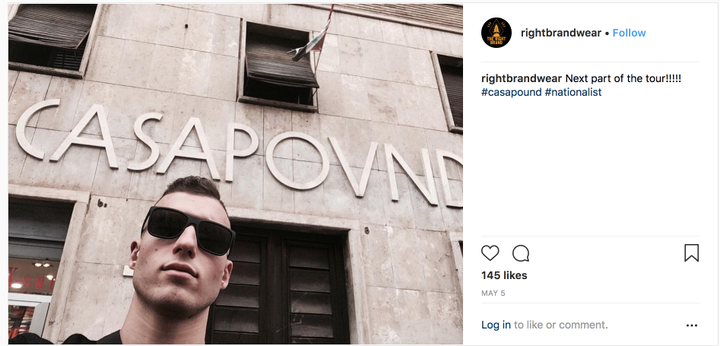 A Right Brand Clothing associate poses next to the headquarters of the Italian neo-fascist party Casa Pound.