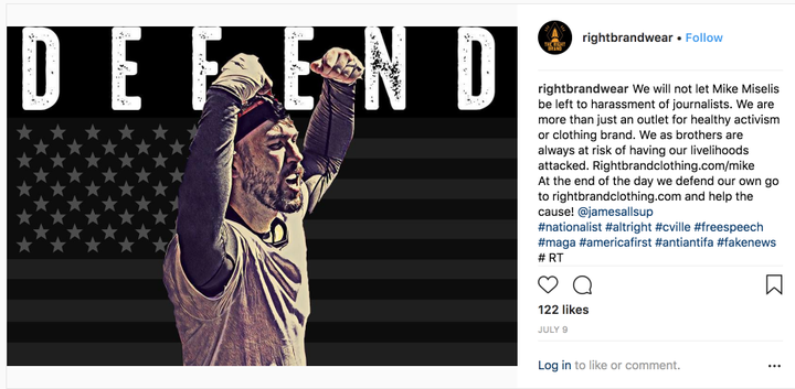 A Right Brand Clothing post defending Mike Miselis, a violent white supremacist who marched at the Unite the Right rally in Charlottesville.