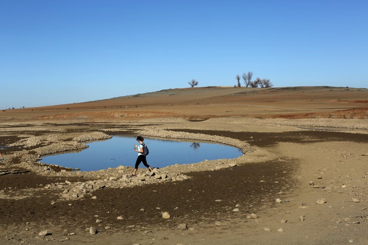 The receding waters of California's Folsom Lake in 2014, when the lake was at 17 percent of its capacity.