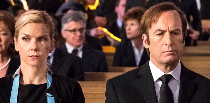 Kim Wexler and Jimmy McGill attend Chuck McGill's funeral in Season 4 of "Better Call Saul."