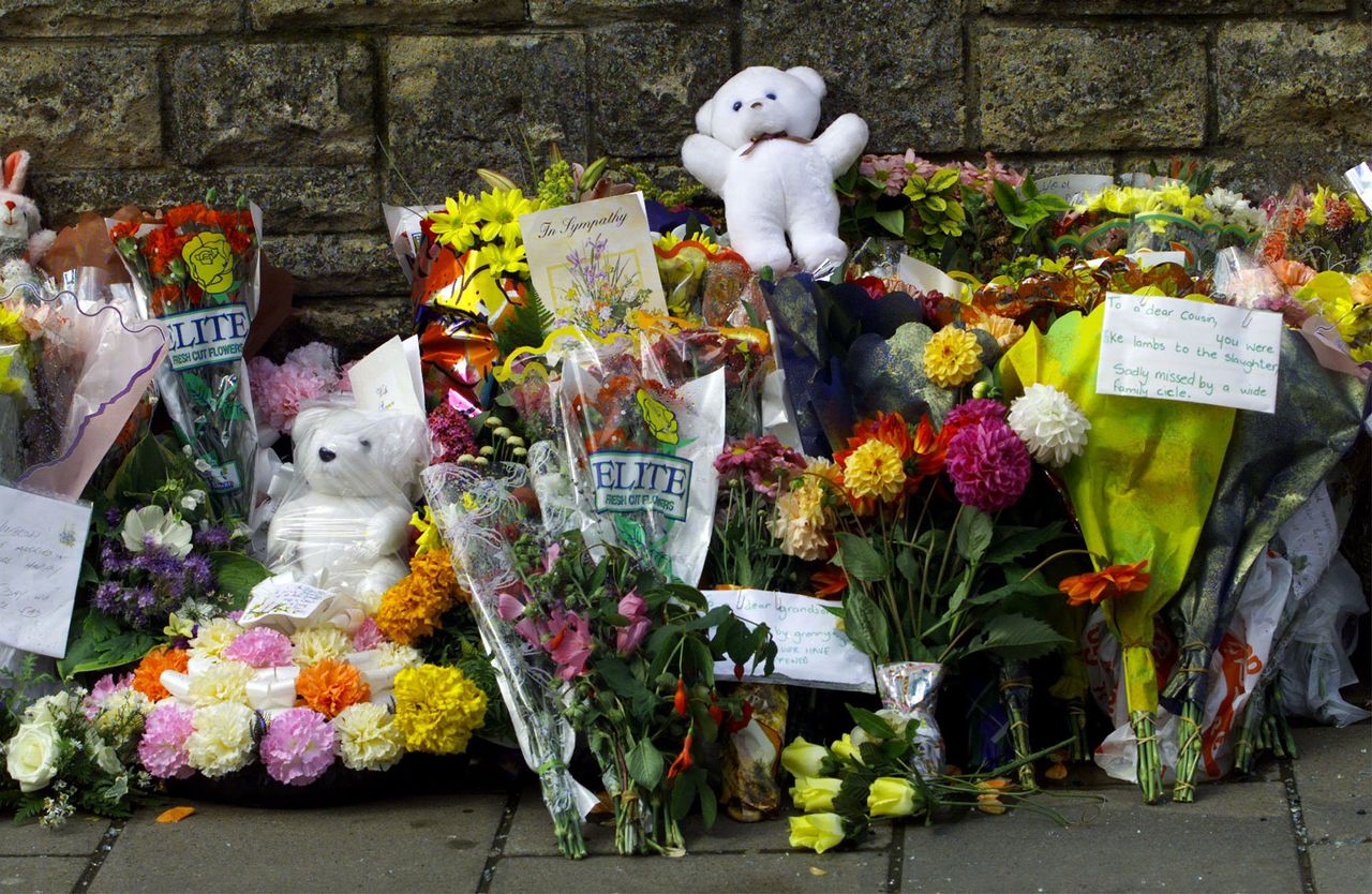 Floral tributes filled Omagh streets in the days after the bombing.