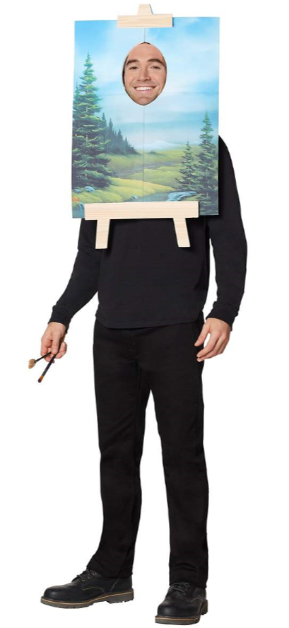 Wear this <a href="https://www.spirithalloween.com/product/adult/mens/humor/bob-ross-painting-costume-firefly/pc/682/c/683/sc