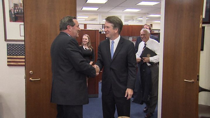 Sen. Joe Donnelly (left) meets with Supreme Court nominee Brett Kavanaugh on Wednesday.