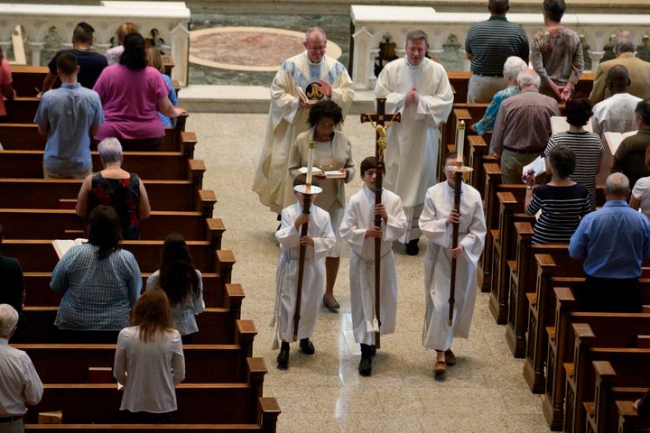 A Mass in Pittsburgh on Aug. 15, the day after the release of a Pennsylvania grand jury report detailing how Catholic Church dioceses in the state covered up priests’ sexual abuse of more than 1,000 children over the course of seven decades.