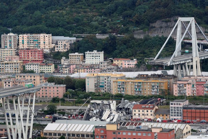 The collapsed Morandi Bridge is seen in the Italian port city of Genoa, Italy, Aug. 14, 2018.