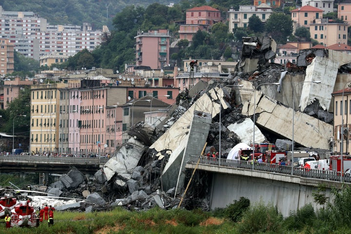 The collapsed Morandi Bridge is seen Aug. 14.