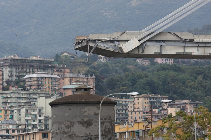 The collapsed Morandi Bridge is seen in Genoa, Aug. 14.