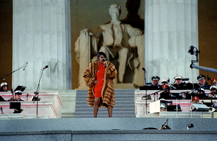 Aretha Franklin performs at the Lincoln Memorial for President Bill Clinton's inaugural gala in 1993.