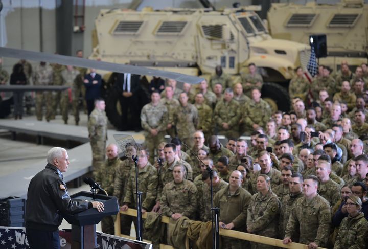 U.S. Vice President Mike Pence speaks to troops in a hangar at Bagram Air Field in Afghanistan on December 21, 2017.