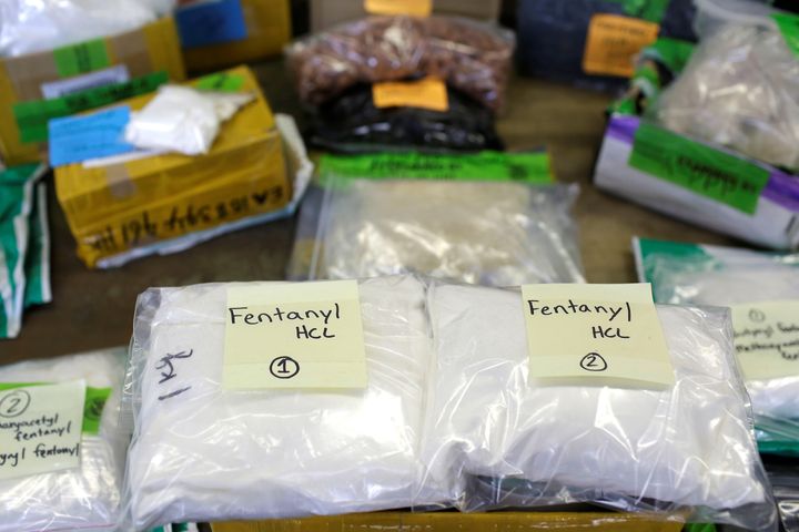Plastic bags of fentanyl are displayed at a U.S. Customs and Border Protection area at O'Hare International Airport in Chicago.