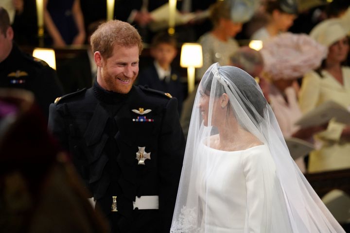 Prince Harry and Meghan Markle at their wedding at St. George's Chapel at Windsor Castle on May 19, 2018.