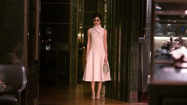 Astrid Young Teo (Gemma Chan) wearing a pastel pink Dior dress.&nbsp;