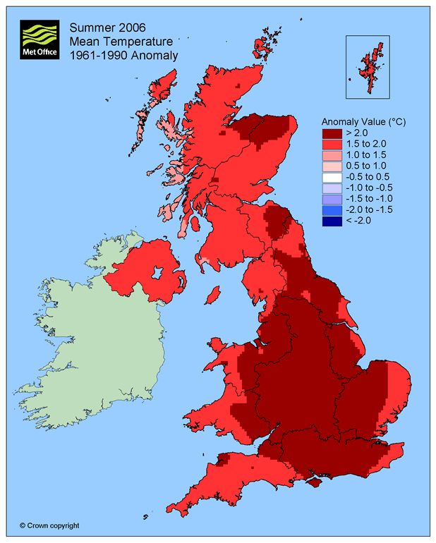 Mean temperature anomaly in 2006, the warmest summer on record.