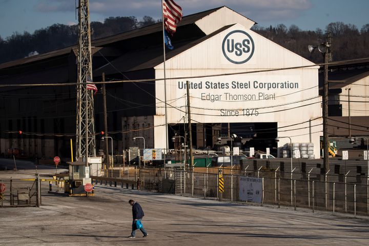 A worker leaves U.S. Steel Edgar Thomson Steel Works, March 10, 2018 in Braddock, Pennsylvania.