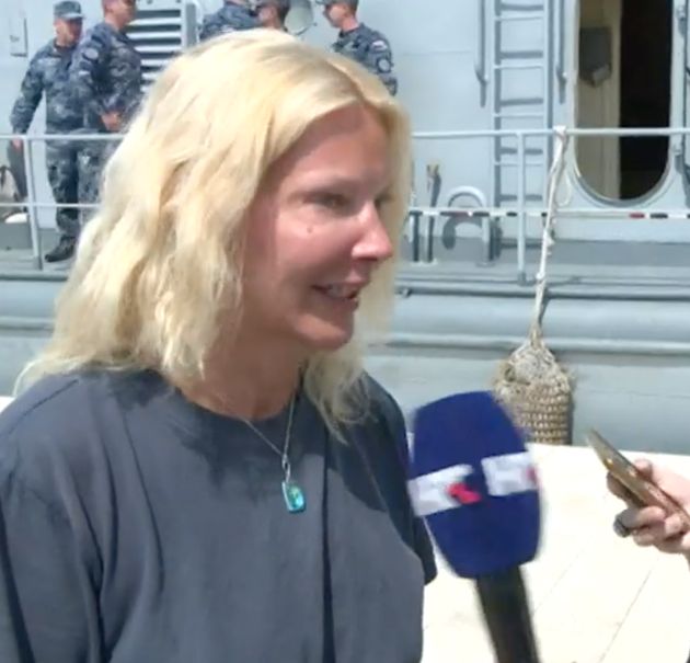 The British woman speaking to reporters after being rescued from the sea near the coast of Croatia.