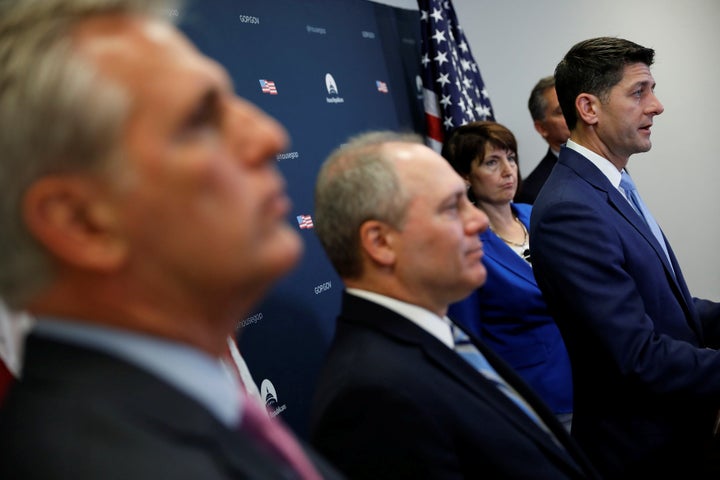 Speaker of the House Paul Ryan speaks with reporters following a weekly Republican conference meeting.