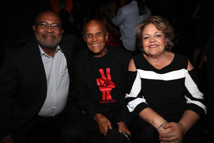 Ron Stallworth and his wife, Patsy Stallworth, flanking Harry Belafonte at the “BlacKkKlansman” premiere in New Y