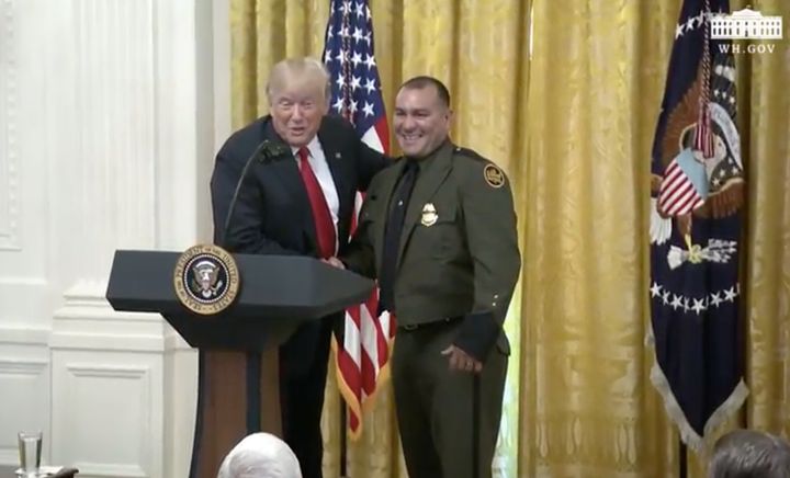 President Donald Trump recognized the work of border patrol agent Adrian Anzaldua at the White House on Monday.