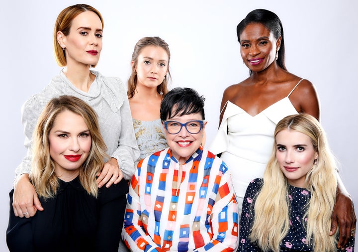 Sarah Paulson, Billie Lourd, Adina Porter (Front L-R) Leslie Grossman, Kathy Bates and Emma Roberts of FX's "American Horror Story: Apocalypse" pose for a portrait during the 2018 Summer Television Critics Association Press Tour.