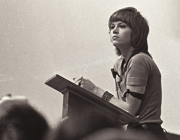 During eary May 1970, Jane Fonda speaks to students at the University of New Mexico located in Albuquerque. Originally scheduled to talk about Native American rights, the May 4 shooting of students at Kent State University caused the topic to be changed to the Vietnam war.