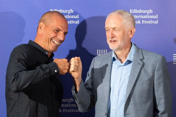 Greek economist, academic and politician Yanis Varoufakis and Labour leader Jeremy Corbyn Jeremy Corbyn attend a photocall during the annual Edinburgh International Book Festival at Charlotte Square Gardens on 20 August.