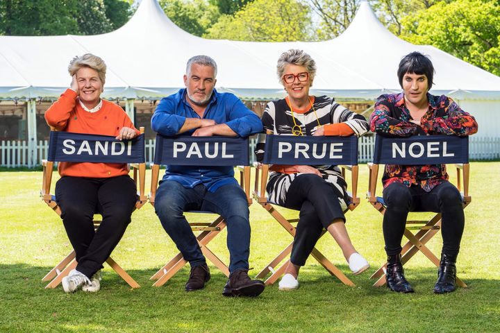 Sandi with her former Bake Off colleagues Paul Hollywood, Prue Leith and Noel Fielding