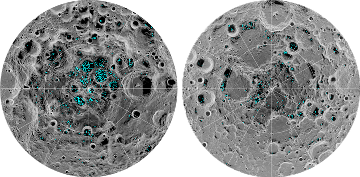 The image shows the distribution of surface ice at the Moon’s south pole (left) and north pole (right), detected by NASA’s Moon Mineralogy Mapper instrument. Blue represents the ice locations, plotted over an image of the lunar surface, where the gray scale corresponds to surface temperature (darker representing colder areas and lighter shades indicating warmer zones). 