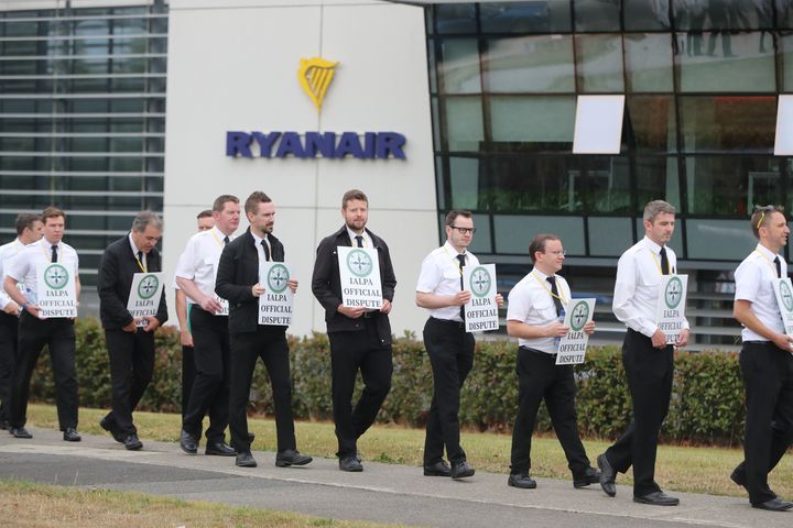 Ryanair pilots form a picket outside the company headquarters in Swords, Dublin, as they strike over conditions.