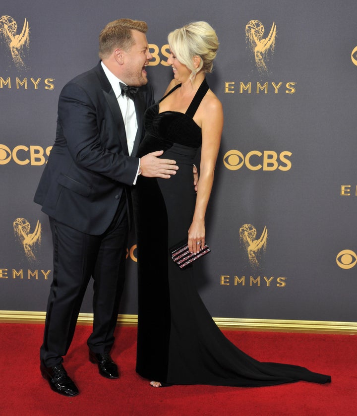 Corden and his wife, Julia Carey, have three children. Above, the couple poses at the 2017 Emmys while Carey was pregnant with their youngest child. 