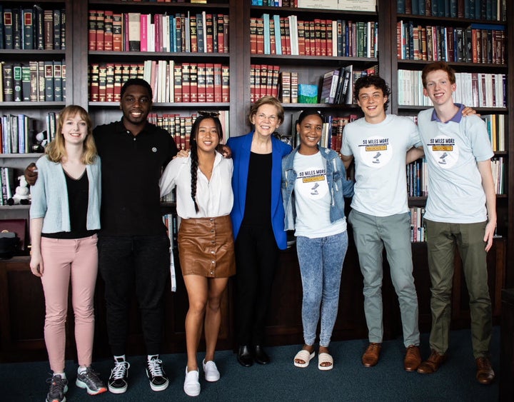 Students activists with 50 Miles More met with Sen. Elizabeth Warren (D-Mass.) on Monday. From left to right, Amelia Ryan, Trevaughn Smith, Chinaly Chanvong, Sen. Warren, Vikiana Petit-Homme, Jack Torres and Felix Brody.