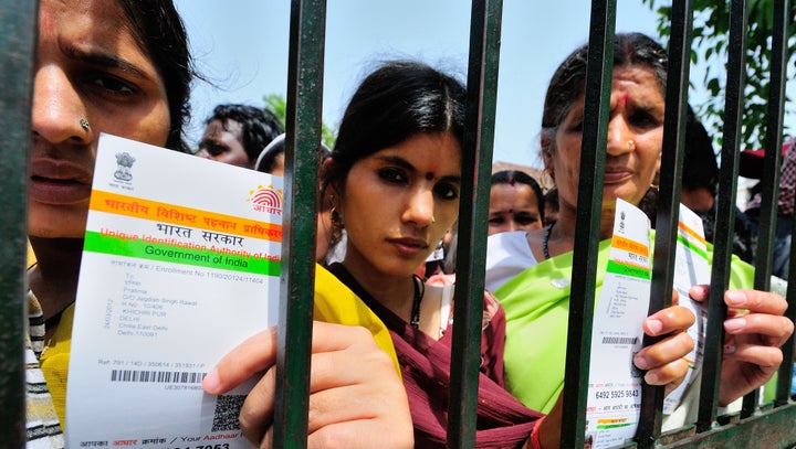 A line for Aadhaar cards in New Delhi.