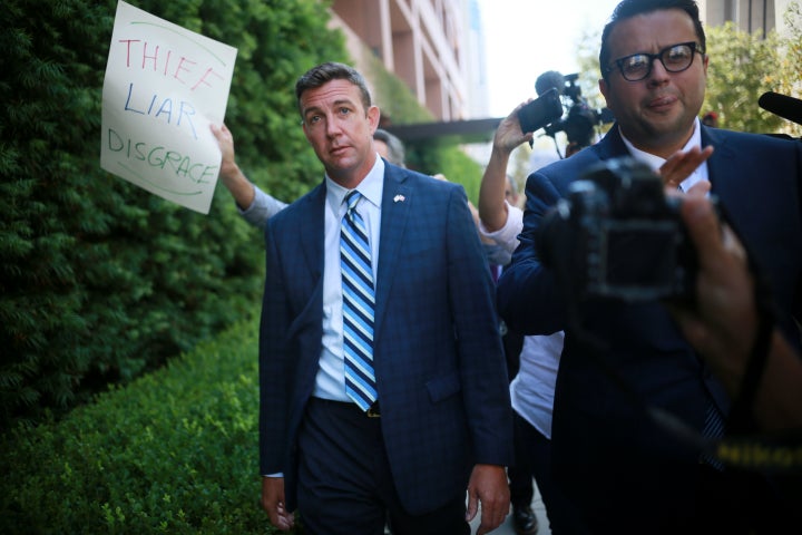 Hunter was met by protestors during his arraignment on Thursday in San Diego.