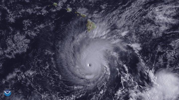 Hurricane Lane, with a well-defined eye, is shown positioned about 300 miles south of Hawaii's Big Island at 2 p.m. ET on Wed
