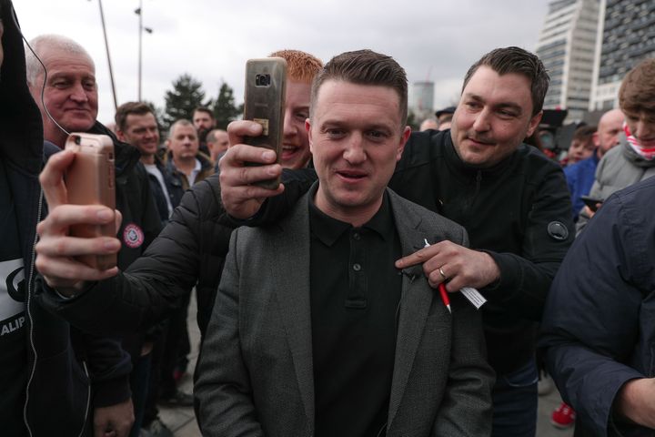 Tommy Robinson (centre) ahead of a march with members of the Football Lads Alliance through Birmingham city centre in a protest against extremism.