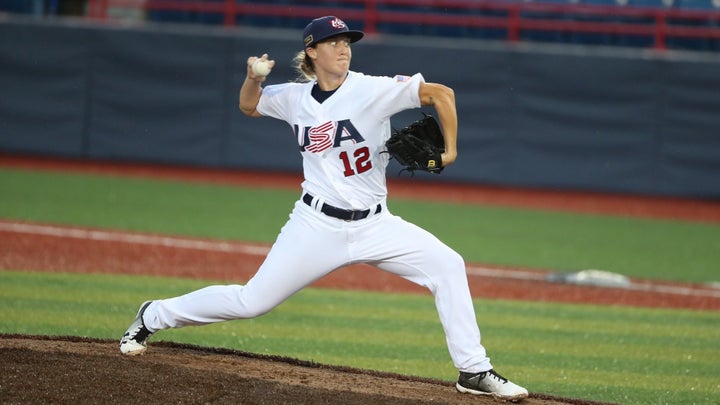 Stacy Piagno pitches for the U.S. Women's National Team on August 23, 2018.