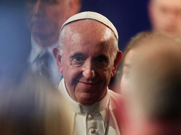 Pope Francis after his speech in St Patrick's Hall at Dublin Castle, Dublin, as part of his visit to Ireland.