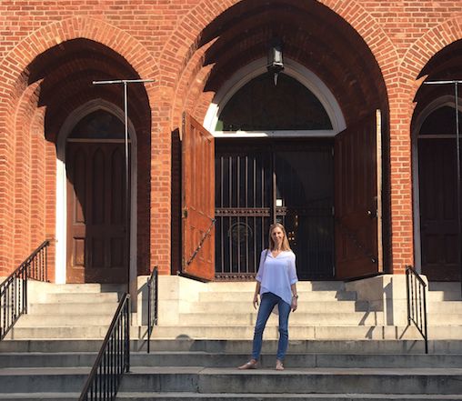 Caitlin Weaver in front of Shrine of the Immaculate Conception in Atlanta, Georgia.
