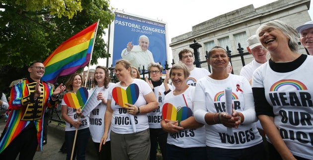 An LGBT choir protests outside the world meeting of families in Dublin.