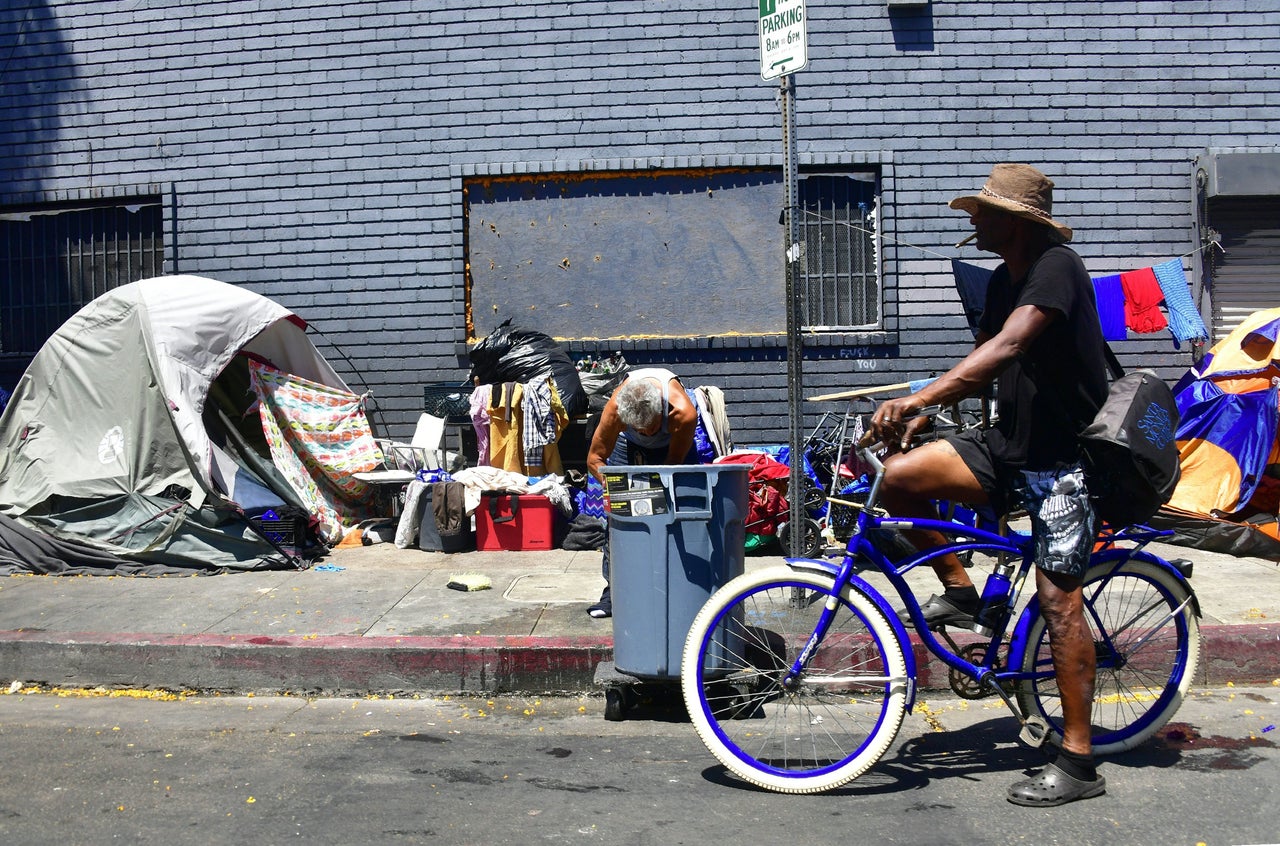 Tents belonging to homeless people line a street in Los Angeles. A recent U.N. report said 18.5 million Americans are living in extreme poverty.