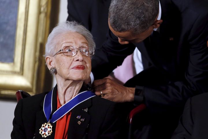 Then-President Barack Obama presents the Presidential Medal of Freedom to NASA mathematician Katherine Johnson on Nov. 24, 2015. 