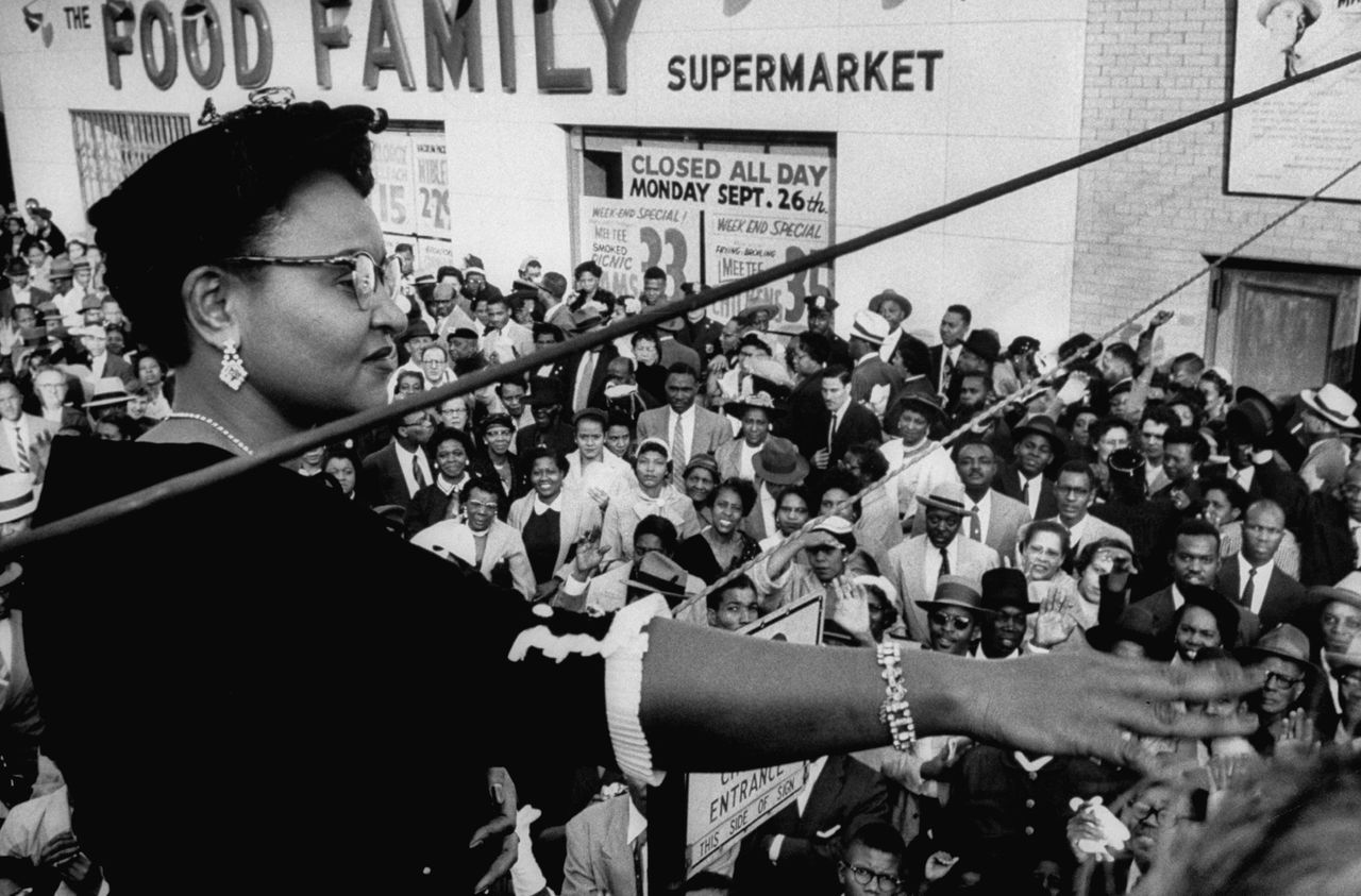 Till's mother, Mamie Till-Mobley, decided to hold an open wake after the brutal murder of her son. Her anti-lynching activism, however, branched far beyond that, as seen in this photo from a rally in 1955.