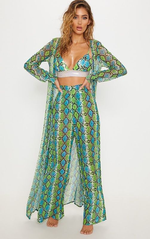 Remember when palazzo pants were a thing? There's a new theory in town that maybe they didn't do so well last time because they weren't stretchy, bright green snakeskin palazzos. I mean, surely! We'd like to wear this everywhere, please. (<a href="https://www.prettylittlething.com/green-snake-print-beach-flares.html" target="_blank" rel="noopener noreferrer">Pretty Little Thing</a>, size 4-16, &pound;22)