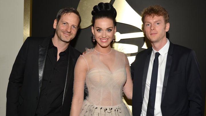 Dr. Luke (L) and Katy Perry with producer Cirkut at the Grammy Awards on Jan. 26, 2014. 