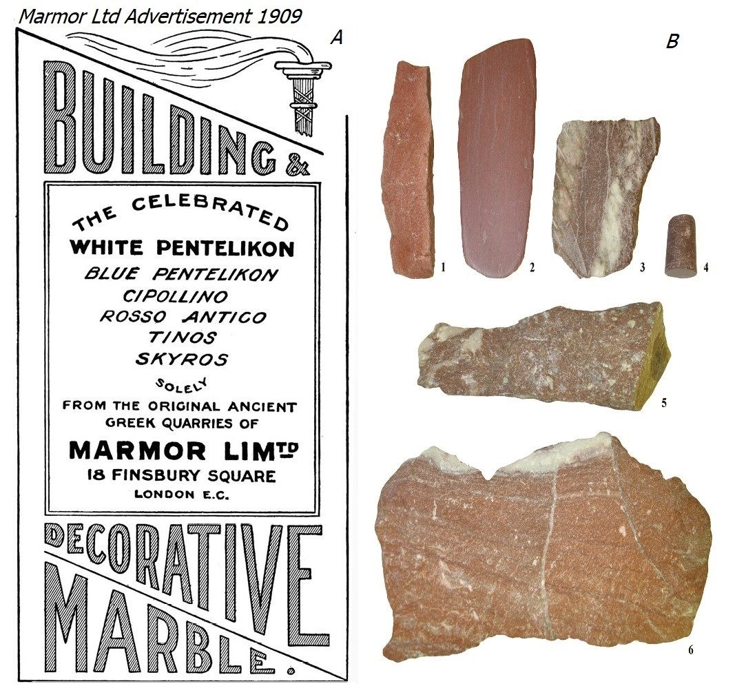 Εικ.4. Α. Διαφήμιση των λατομικών προϊόντων της Marmor Ltd του 1909 Β. Rosso antico διαφόρων προελεύσεων .