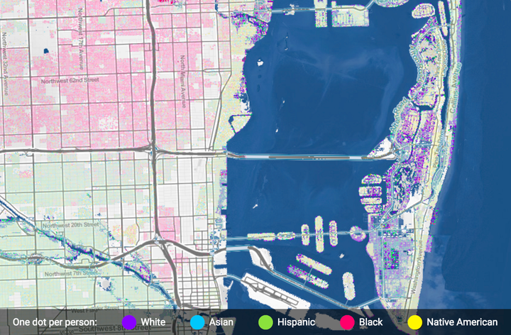 Miami, Florida. Areas that would be inundated by three feet of flooding are shaded in light blue (top). The population of Miami by ethnicity (bottom). Flood-prone areas are wealthier and whiter than more elevated areas further inland.