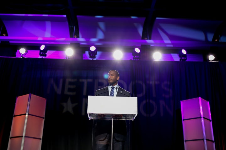 Andrew Gillum addresses the audience at the Netroots Nation annual conference for political progressives in Atlanta on Aug. 10, 2017.